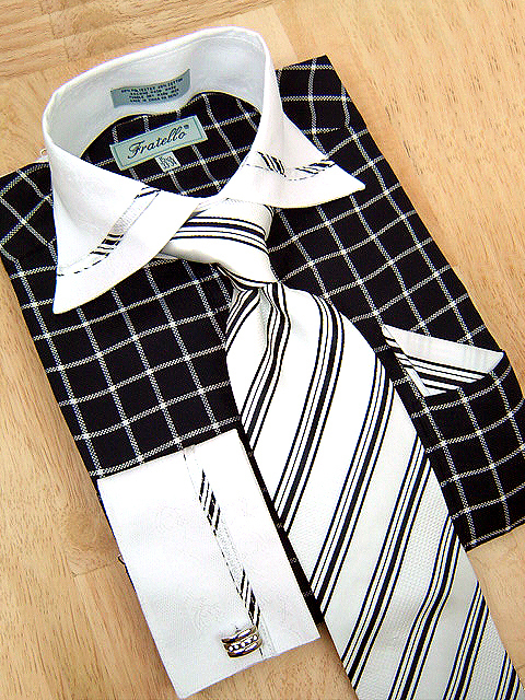 Fratello Black/White Windowpane Shirt/Tie/Hanky Set DS3723P2
